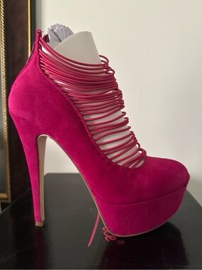 Anne Michelle Hot Pink Suede Platform Stiletto with Strappy Cage